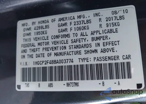 2011 Honda Accord 2.4 Lx-P from USA, damaged, VIN 1HGCP2F48BA003774